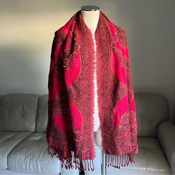 NEW Heirloom Anna Pashmina Shawl Pure Wool Beaded Sequined Embroidered Dark Red - Picture 15 of 16
